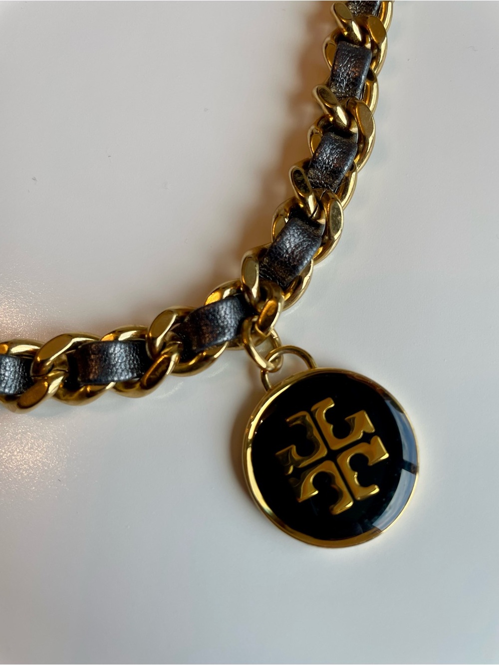 Tory Burch Gold and Black Chain Necklace with Logo Pendant